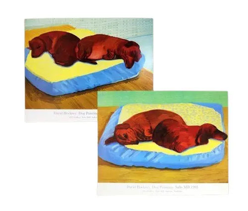 Two David Hockney dog offset lithograph art prints, featuring colorful and stylized canine illustrations on paper.