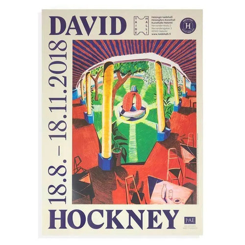 David Hockney 2018 Kunsthalle Helsinki exhibition offset lithograph art poster showing colorful abstract landscape scene.