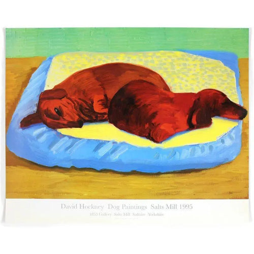 David Hockney Dog 43 original 1995 offset lithograph art print showing vibrant, colorful dog illustration on textured paper.
