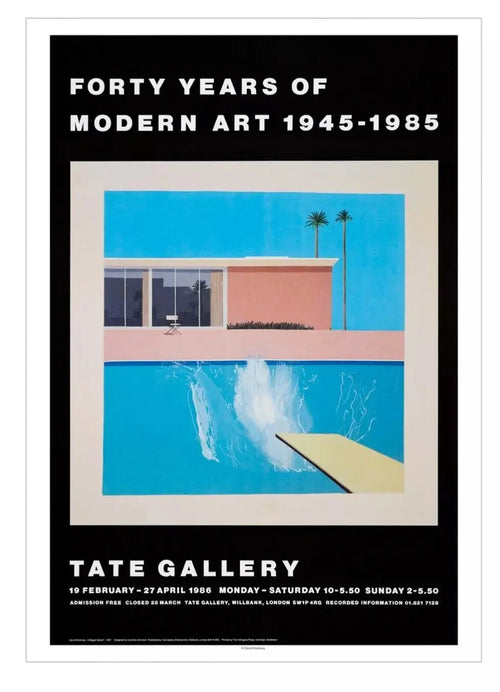 Modern art print of David Hockney's "A Bigger Splash" celebrating forty years, featuring vibrant colors and iconic style.