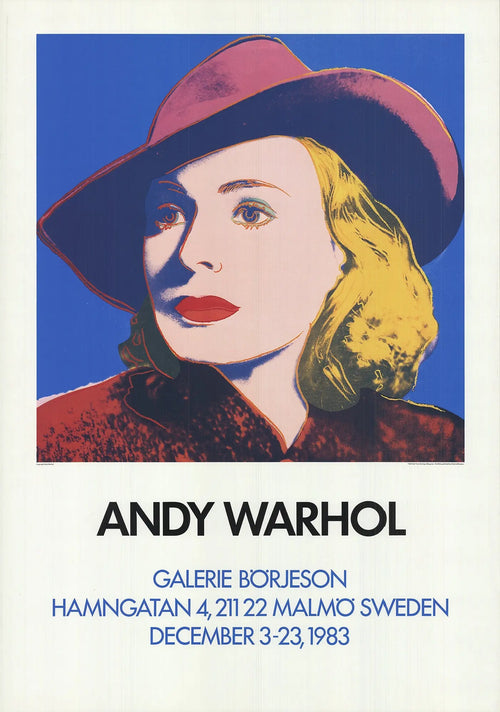 Original Andy Warhol Ingrid with Hat 1983 offset lithograph exhibition poster, featuring Warhol's iconic portrait and vibrant colors.