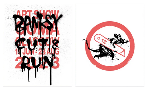 Limited edition Banksy Cut and Run exhibition poster set featuring iconic street art designs and bold graphic artwork.