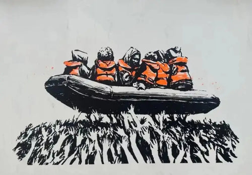 Banksy Migrant Boat lithograph poster art for Glastonbury 2025 Festival, featuring a vivid image of a migrant boat.