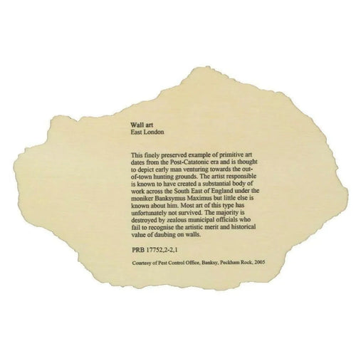 Banksy Peckham Rock Pest Control wooden postcard art edition featuring a street art design on a rustic wooden surface.