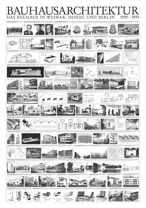 Offset lithograph art poster of Bauhaus architecture showcasing modernist design, featuring minimalistic lines and geometric shapes.