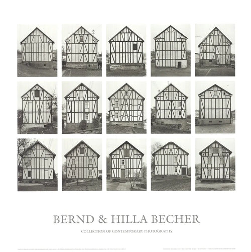 Lithograph poster of half-timbered houses by Bernd and Hilla Becher, 2005, showcasing architectural photography art.