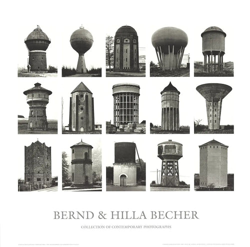 Offset lithograph art poster featuring Bernd and Hilla Becher's water towers from their 2005 photographic series.