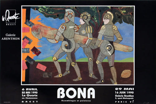 Vintage Bona Assemblages et Peintures 1990 offset lithograph poster, featuring abstract artwork from the exhibition.