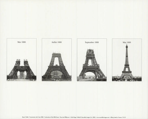 Offset lithograph print of the Eiffel Tower construction by Boyer Viollet, showcasing detailed architectural imagery.