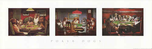 Horizontal lithograph art print of poker-playing dogs by C.M. Coolidge, featuring detailed vintage-style illustration.