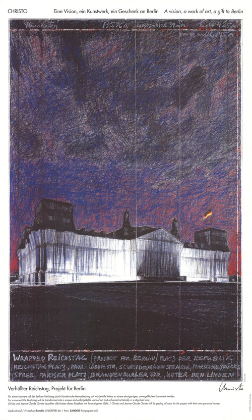 Christo and Javacheff Christo Wrapped Reichstag Project 1993 offset lithograph poster showcasing the iconic Berlin landmark art.