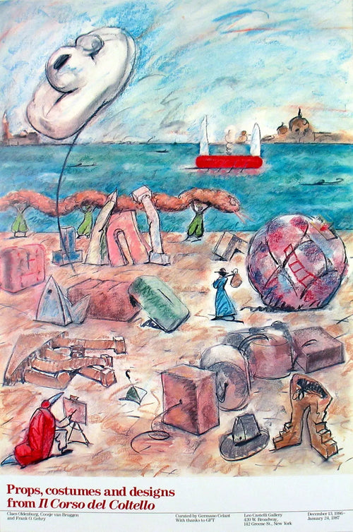 Offset lithograph poster by Claes Oldenburg titled "Il Corso del Coltello" from 1986, featuring colorful abstract artwork.