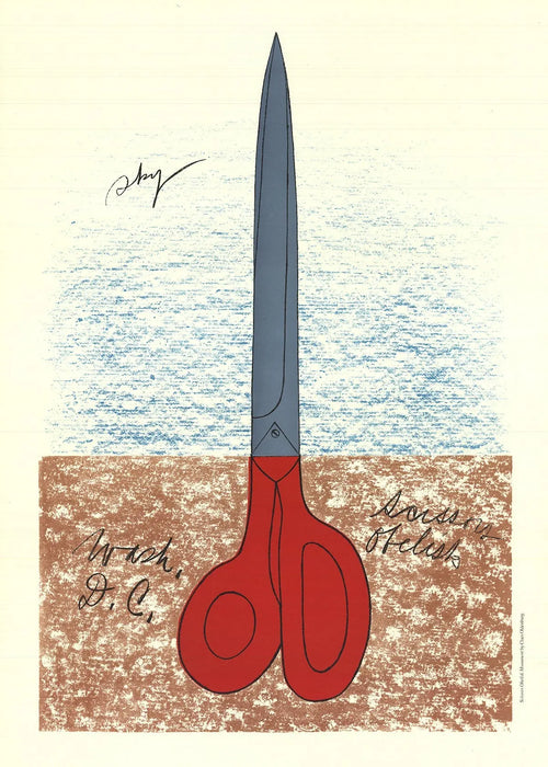 Original Claes Oldenburg lithograph poster of scissors as a monument, 1968, showcasing bold artwork and vibrant colors.