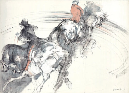 Signed 1985 lithograph art print by Claude Weisbuch featuring two horsemen in a detailed, artistic scene.