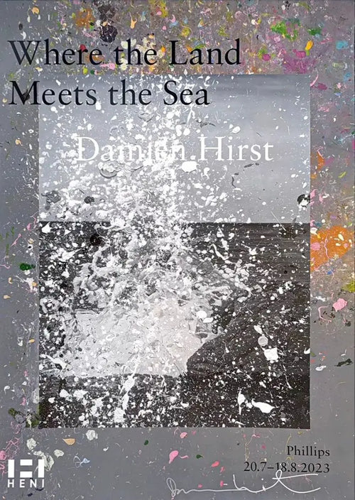 Damien Hirst signed poster titled "Where the Land Meets the Sea" featuring vibrant yellow artwork, showcasing Hirst's signature style.