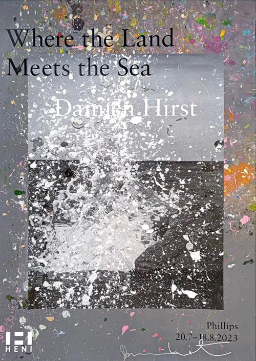 Damien Hirst signed poster titled "Where the Land Meets the Sea" featuring yellow ocean landscape artwork.