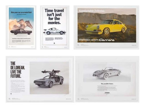 Set of five limited edition offset prints of fictional advertisements by Daniel Arsham, showcasing his signature artistic style.