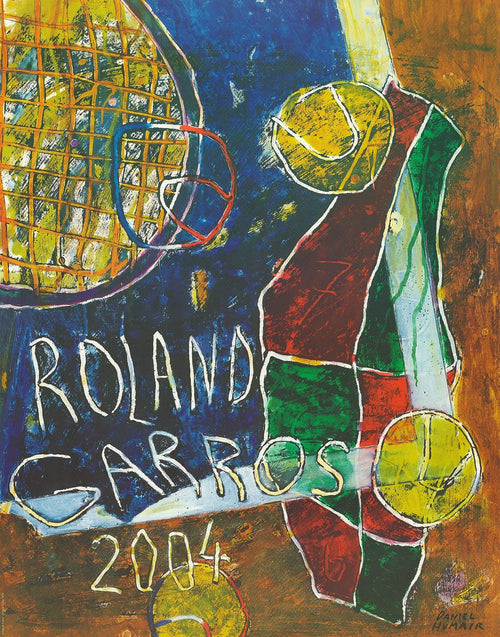 Original lithograph art poster by Daniel Humair featuring a 2004 Roland Garros French Open tennis scene, vibrant and detailed.
