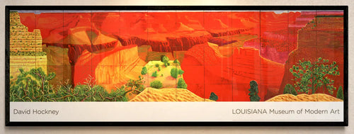 Limited edition David Hockney exhibition poster featuring his 2011 Grand Canyon artwork, displayed with vibrant colors and artistic details.