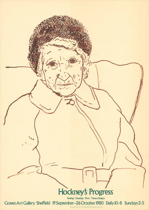 David Hockney Artist's Mother 1980 offset lithograph exhibition poster featuring vibrant artwork and bold colors.