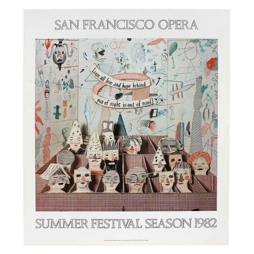 David Hockney Bedlam The Rake's Progress San Francisco Opera poster featuring colorful artwork and theatrical imagery.