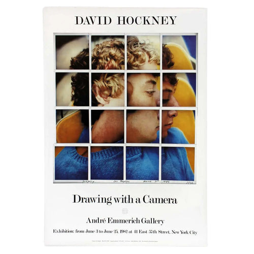 Vintage David Hockney exhibition poster featuring a drawing with a camera from 1982, showcasing Hockney's artistic style.