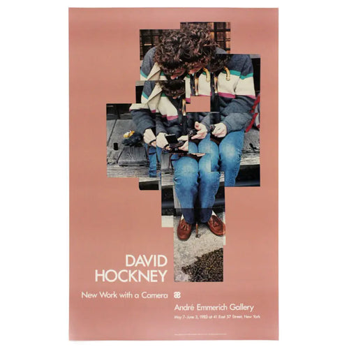 Vintage David Hockney exhibition poster featuring Gregory loading his camera, from the 1983 art display.