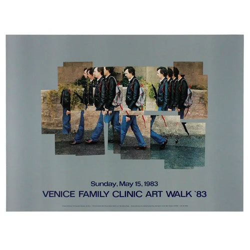 Vintage David Hockney Gregory Walking 1983 art poster featuring vibrant colors and abstract figures from the Venice Family Clinic collection.
