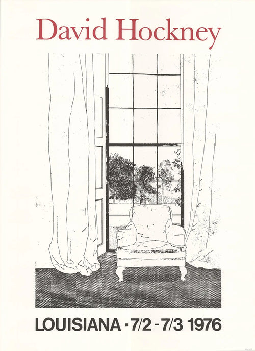 David Hockney Home from Grimm's Fairy Tales 1976 exhibition poster featuring colorful, whimsical artwork by the artist.