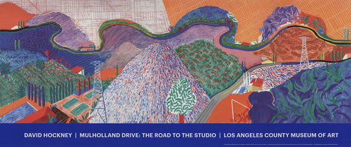 David Hockney Mulholland Drive lithograph poster showing a colorful road scene with vibrant artistic details.