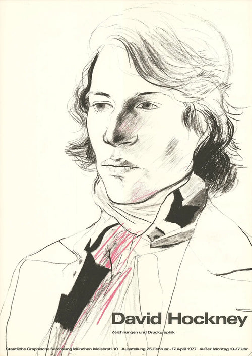 Vintage David Hockney exhibition poster print featuring Peter with a scarf, from 1977, showcasing Hockney's classic art style.