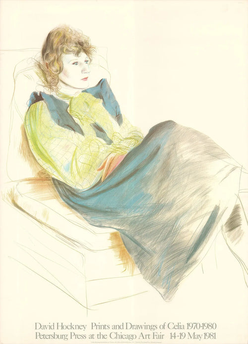 Lithograph of Celia with checkered sleeves by David Hockney, created in 1981, showcasing vivid portrait artwork.