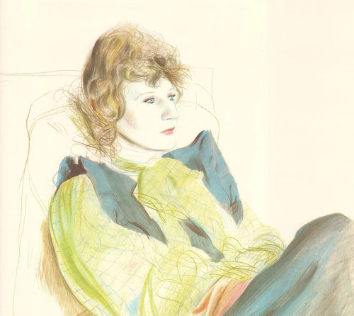 Lithograph of Celia with checkered sleeves by David Hockney, 1981, showcasing vibrant portrait artwork.