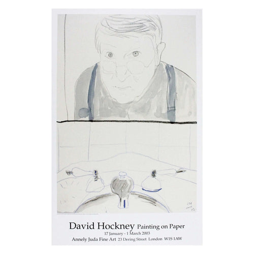 David Hockney self-portrait bathroom mirror exhibition poster from 2003 featuring a colorful portrait of the artist.
