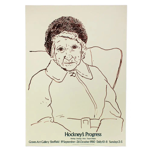 David Hockney exhibition poster featuring "The Artist's Mother" artwork from 1980, with vibrant colors and detailed portrait.