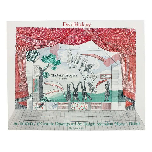 Vintage 1981 David Hockney poster of The Rake's Progress at Ashmolean Museum, featuring colorful artwork and classic design.