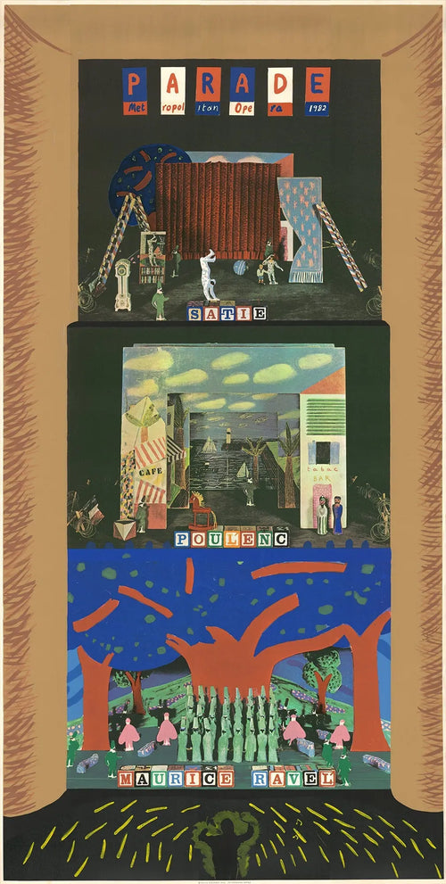Large David Hockney exhibition poster featuring the 1982 Metropolitan Opera triple bill, showcasing vibrant artwork and bold design.