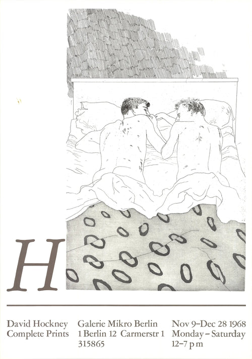 David Hockney lithograph exhibition poster featuring two boys aged 23 or 24, displayed on a vibrant background.
