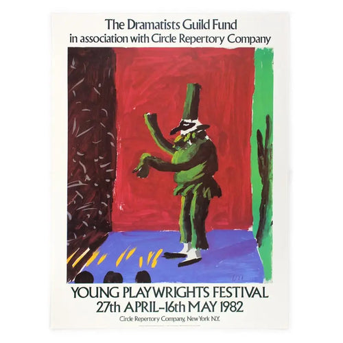 Vintage art poster by David Hockney for the 1982 Young Playwrights Festival, featuring colorful abstract design and festival text.