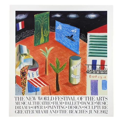 Vintage David Hockney Zanzibar Miami 1982 art poster featuring vibrant colors and iconic style from the exhibition.