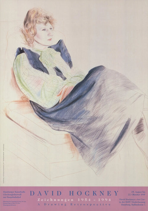 Vintage David Hockney exhibition poster featuring a collection of his drawings from 1954 to 1994, showcasing his artistic style.