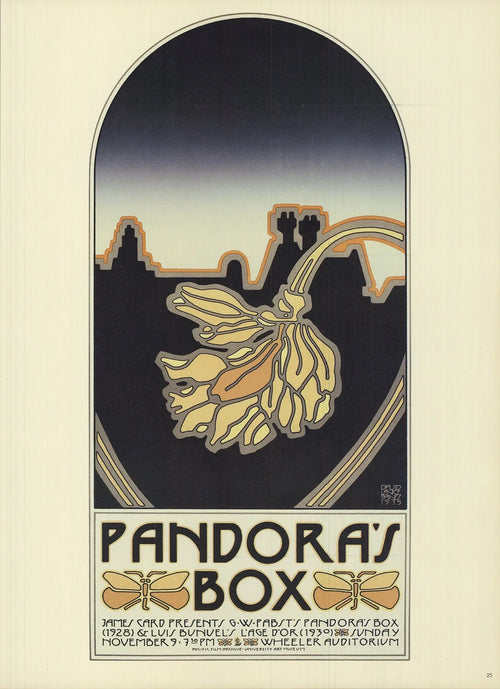 Original 1978 David Lance Goines Pandora’s Box offset lithograph art poster featuring intricate vintage illustrations.