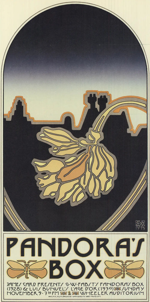 Original 1978 David Lance Goines Pandora's Box offset lithograph art poster featuring intricate design and vintage artwork.