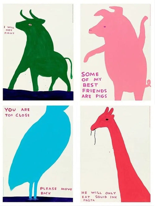 Set of four David Shrigley Animals Series exhibition posters featuring humorous and illustrative animal artwork.