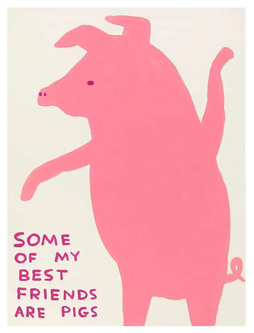 Original David Shrigley poster featuring a lithograph print of pigs with humorous text, showcasing his signature art style.