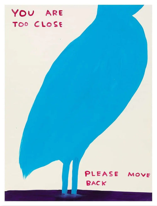 Limited edition David Shrigley You Are Too Close lithograph art poster featuring bold, humorous graphic design and limited print quality.