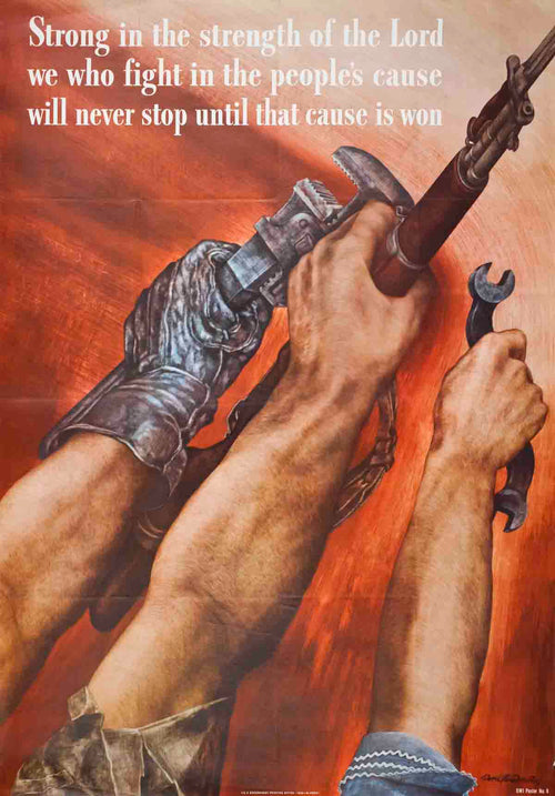 Vintage WWII lithograph poster by David Stone Martin titled "Strong in the Strength," featuring patriotic artwork from 1942.