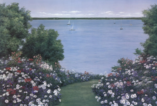 Diane Romanello Summer Vista Long Island Sound 1998 offset lithograph, vibrant landscape artwork by Diane Romanello.