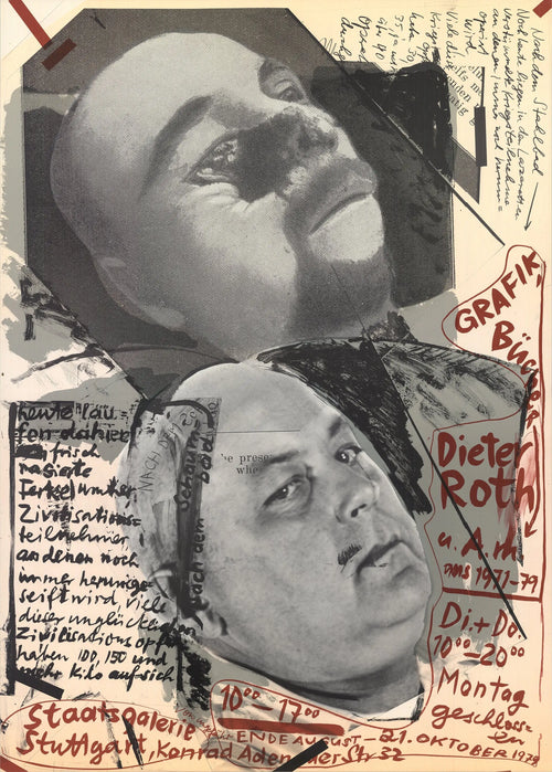 Original 1979 Dieter Roth lithograph poster featuring book and graphic art from the exhibition, showcasing vibrant abstract design.
