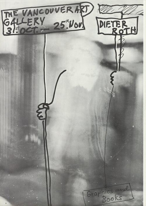 Dieter Roth graphics and books exhibition offset lithograph art poster showcasing abstract designs and bold typography.